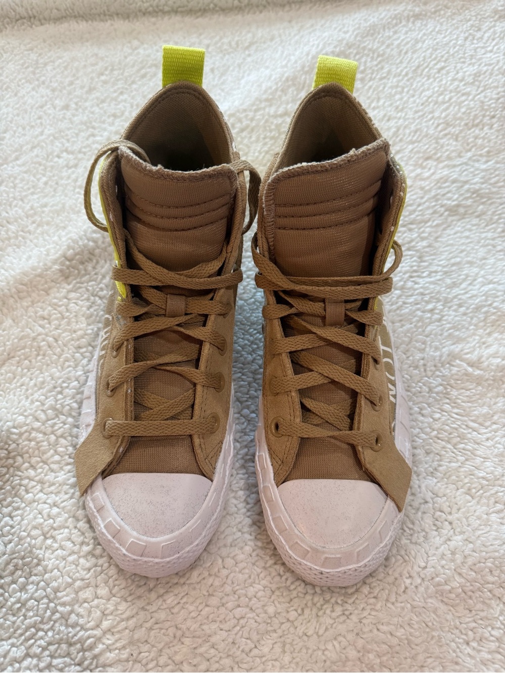 Converse Women’s High-Top Sneakers in Brown with Neon Yellow Pull Tabs